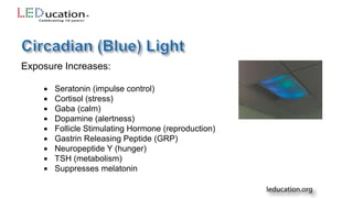 Exposure Increases:
 Seratonin (impulse control)
 Cortisol (stress)
 Gaba (calm)
 Dopamine (alertness)
 Follicle Stimulating Hormone (reproduction)
 Gastrin Releasing Peptide (GRP)
 Neuropeptide Y (hunger)
 TSH (metabolism)
 Suppresses melatonin
 