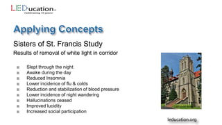 Sisters of St. Francis Study
Results of removal of white light in corridor
 Slept through the night
 Awake during the day
 Reduced Insomnia
 Lower incidence of flu & colds
 Reduction and stabilization of blood pressure
 Lower incidence of night wandering
 Hallucinations ceased
 Improved lucidity
 Increased social participation
 