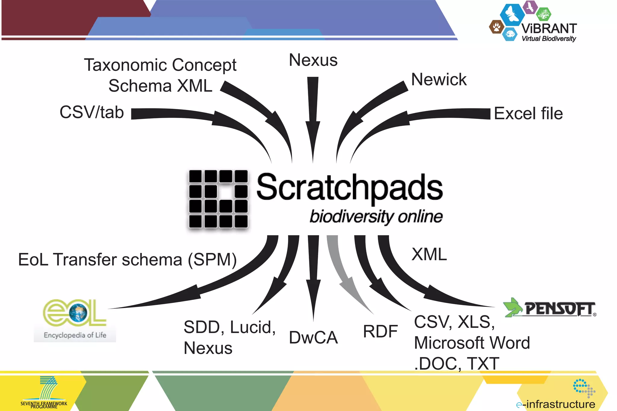 ViBRANT
Virtual Biodiversity

Taxonomic Concept
Schema XML

Nexus

Newick

CSV/tab

Excel file

EoL Transfer schema (SPM)

SDD, Lucid,
DwCA
Nexus
SEVENTH FRAMEWORK
PROGRAMME

XML

CSV, XLS,
RDF
Microsoft Word
.DOC, TXT
-infrastructure

 
