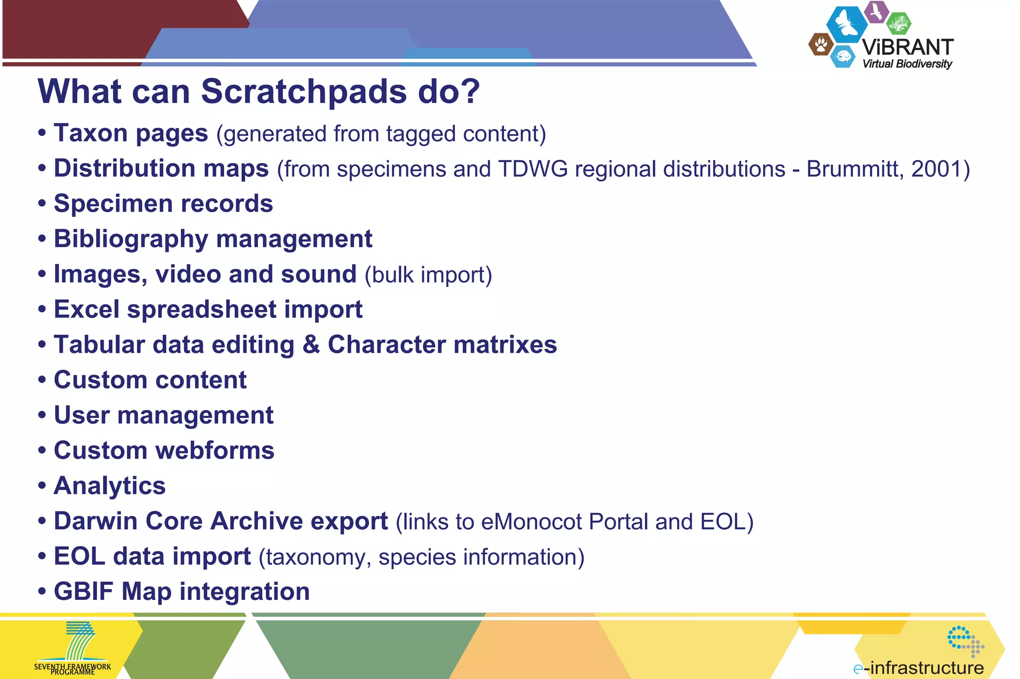 ViBRANT

What can Scratchpads do?

Virtual Biodiversity

• Taxon pages (generated from tagged content)
• Distribution maps (from specimens and TDWG regional distributions - Brummitt, 2001)
• Specimen records
• Bibliography management
• Images, video and sound (bulk import)
• Excel spreadsheet import
• Tabular data editing & Character matrixes
• Custom content
• User management
• Custom webforms
• Analytics
• Darwin Core Archive export (links to eMonocot Portal and EOL)
• EOL data import (taxonomy, species information)
• GBIF Map integration
SEVENTH FRAMEWORK
PROGRAMME

-infrastructure

 