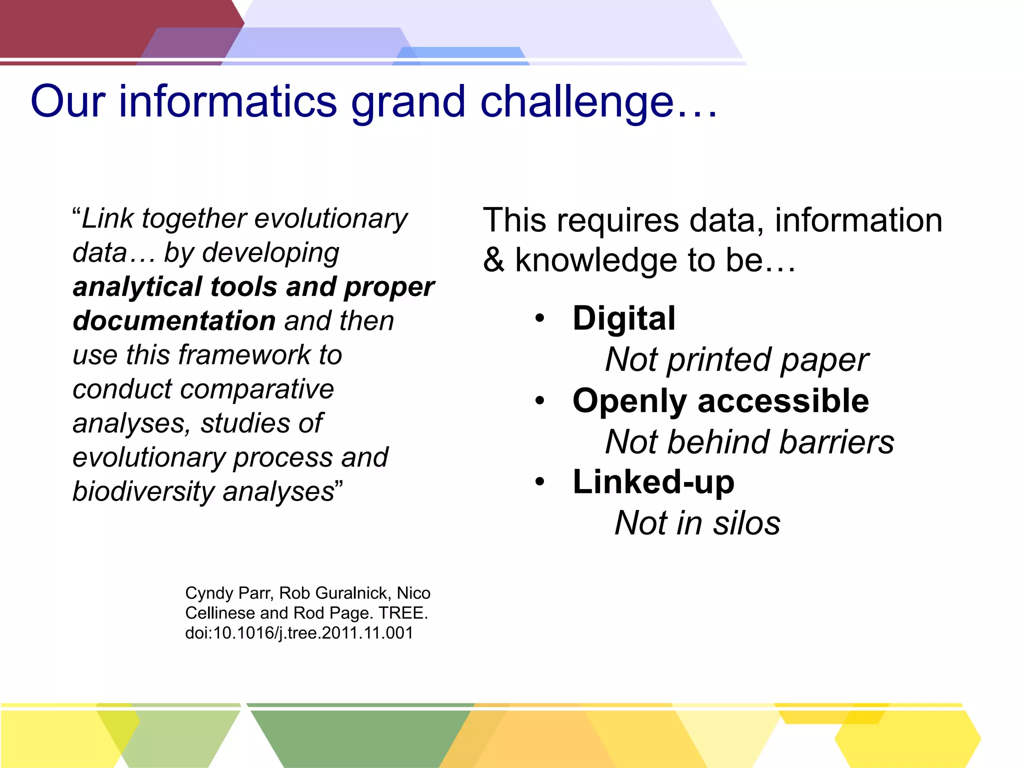 Our informatics grand challenge…
“Link together evolutionary
data… by developing
analytical tools and proper
documentation and then
use this framework to
conduct comparative
analyses, studies of
evolutionary process and
biodiversity analyses”

Cyndy Parr, Rob Guralnick, Nico
Cellinese and Rod Page. TREE.
doi:10.1016/j.tree.2011.11.001

This requires data, information
& knowledge to be…
•  Digital
Not printed paper
•  Openly accessible
Not behind barriers
•  Linked-up
Not in silos

 