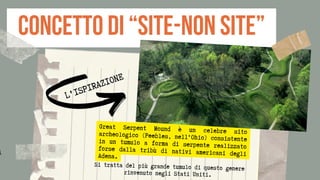 concetto di “site-non site”
i














Si tratta del più grande tumulo di questo genere
rinvenuto negli Stati Uniti.
Great Serpent Mound è un celebre sito
archeologico (Peebles, nell'Ohio) consistente
in un tumulo a forma di serpente realizzato
forse dalla tribù di nativi americani degli
Adena.
L'ISPIRAZIONE
 