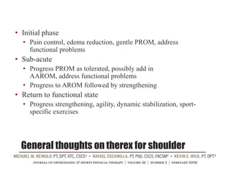 General thoughts on therex for shoulder
• Initial phase
• Pain control, edema reduction, gentle PROM, address
functional problems
• Sub-acute
• Progress PROM as tolerated, possibly add in
AAROM, address functional problems
• Progress to AROM followed by strengthening
• Return to functional state
• Progress strengthening, agility, dynamic stabilization, sport-
specific exercises
 