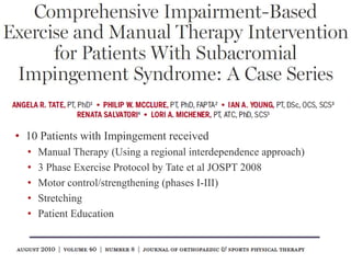 • 10 Patients with Impingement received
• Manual Therapy (Using a regional interdependence approach)
• 3 Phase Exercise Protocol by Tate et al JOSPT 2008
• Motor control/strengthening (phases I-III)
• Stretching
• Patient Education
 