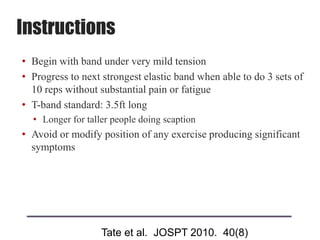 Instructions
• Begin with band under very mild tension
• Progress to next strongest elastic band when able to do 3 sets of
10 reps without substantial pain or fatigue
• T-band standard: 3.5ft long
• Longer for taller people doing scaption
• Avoid or modify position of any exercise producing significant
symptoms
Tate et al. JOSPT 2010. 40(8)
 