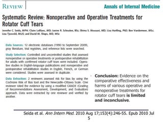 • Conclusion: Evidence on the
comparative effectiveness and
harms of various operative and
nonoperative treatments for
rotator cuff tears is limited
and inconclusive.
Seida et al. Ann Intern Med. 2010 Aug 17;153(4):246-55. Epub 2010 Jul
5
 
