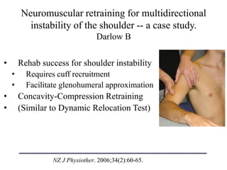 • Rehab success for shoulder instability
• Requires cuff recruitment
• Facilitate glenohumeral approximation
• Concavity-Compression Retraining
• (Similar to Dynamic Relocation Test)
Neuromuscular retraining for multidirectional
instability of the shoulder -- a case study.
Darlow B
NZ J Physiother. 2006;34(2):60-65.
 