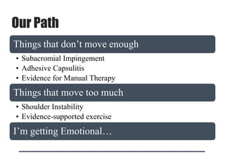 Our Path
Things that don‟t move enough
• Subacromial Impingement
• Adhesive Capsulitis
• Evidence for Manual Therapy
Things that move too much
• Shoulder Instability
• Evidence-supported exercise
I‟m getting Emotional…
 