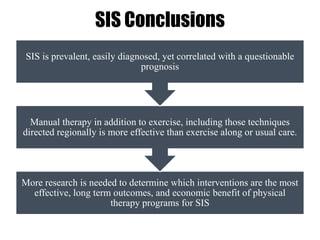 More research is needed to determine which interventions are the most
effective, long term outcomes, and economic benefit of physical
therapy programs for SIS
Manual therapy in addition to exercise, including those techniques
directed regionally is more effective than exercise along or usual care.
SIS is prevalent, easily diagnosed, yet correlated with a questionable
prognosis
SIS Conclusions
 