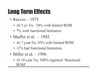 Long Term Effects
• Reeves – 1975
• At 5 yr. f/u: 54% with limited ROM
• 7% with functional limitation
• Shaffer et al. – 1992
• At 7 year f/u: 43% with limited ROM
• 11% had functional limitation
• Miller et al. – 1996
• At 10 year f/u: 100% regained „functional
ROM‟
 