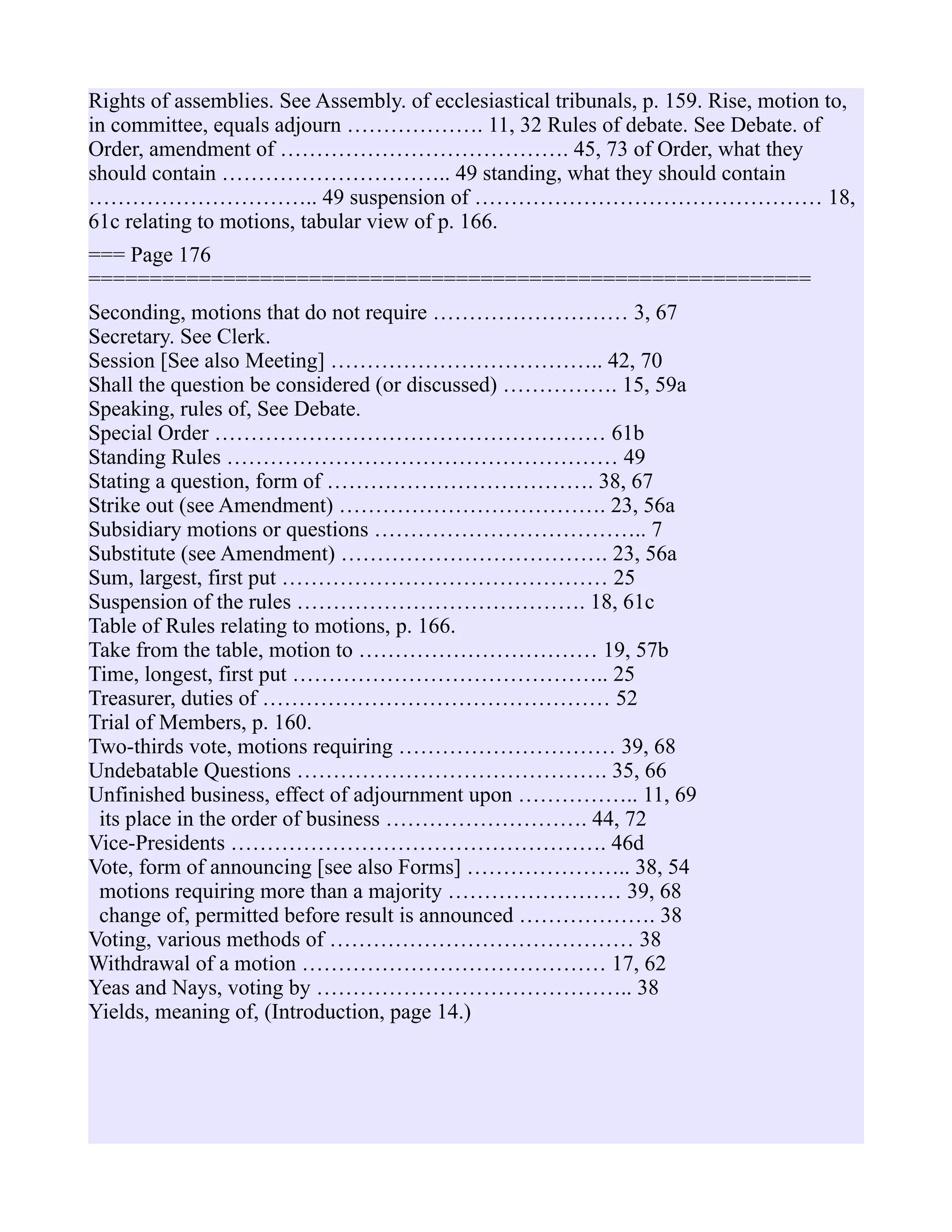 Rights of assemblies. See Assembly. of ecclesiastical tribunals, p. 159. Rise, motion to,
in committee, equals adjourn ………………. 11, 32 Rules of debate. See Debate. of
Order, amendment of …………………………………. 45, 73 of Order, what they
should contain ………………………….. 49 standing, what they should contain
………………………….. 49 suspension of ………………………………………… 18,
61c relating to motions, tabular view of p. 166.
=== Page 176
===========================================================
Seconding, motions that do not require ……………………… 3, 67
Secretary. See Clerk.
Session [See also Meeting] ……………………………….. 42, 70
Shall the question be considered (or discussed) ……………. 15, 59a
Speaking, rules of, See Debate.
Special Order ……………………………………………… 61b
Standing Rules ……………………………………………… 49
Stating a question, form of ………………………………. 38, 67
Strike out (see Amendment) ………………………………. 23, 56a
Subsidiary motions or questions ……………………………….. 7
Substitute (see Amendment) ………………………………. 23, 56a
Sum, largest, first put ……………………………………… 25
Suspension of the rules …………………………………. 18, 61c
Table of Rules relating to motions, p. 166.
Take from the table, motion to …………………………… 19, 57b
Time, longest, first put …………………………………….. 25
Treasurer, duties of ………………………………………… 52
Trial of Members, p. 160.
Two-thirds vote, motions requiring ………………………… 39, 68
Undebatable Questions ……………………………………. 35, 66
Unfinished business, effect of adjournment upon …………….. 11, 69
its place in the order of business ………………………. 44, 72
Vice-Presidents ……………………………………………. 46d
Vote, form of announcing [see also Forms] ………………….. 38, 54
motions requiring more than a majority …………………… 39, 68
change of, permitted before result is announced ………………. 38
Voting, various methods of …………………………………… 38
Withdrawal of a motion …………………………………… 17, 62
Yeas and Nays, voting by …………………………………….. 38
Yields, meaning of, (Introduction, page 14.)
 