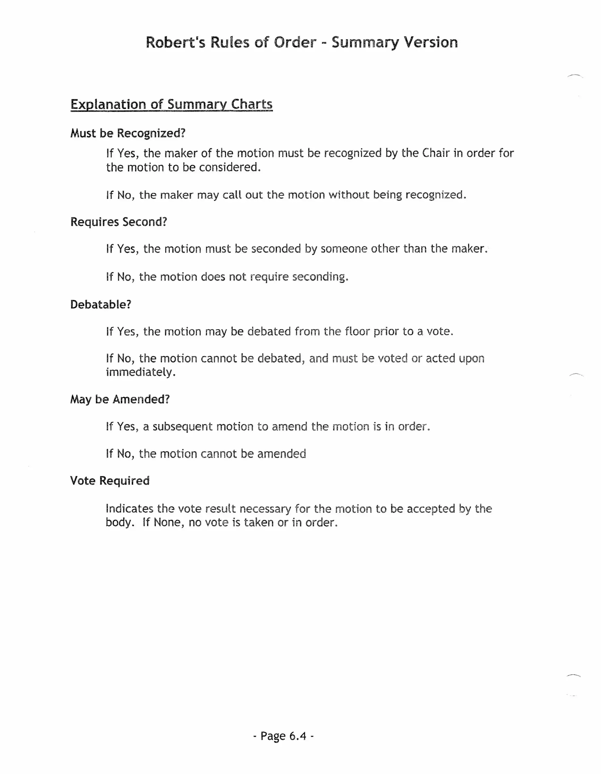 Robert's Rules of Order - Summary Version



Explanation of Summary Charts

Must be Recognized?
      If Yes, the maker of the motion must be recognized by the Chair in order for
      the motion to be considered.

      If No, the maker may call out the motion without   being recognized.

Requires Second?

      If Yes, the motion must be seconded by someone other than the maker.

      If No, the motion does not require seconding.

Debatable?

      If Yes, the motion may be debated from the floor prior to a vote.

      If No, the motion cannot be debated, and must be voted or acted upon
      immediately.

May be Amended?

      If Yes, a subsequent motion to amend the motion IS in order.

      If No, the motion cannot be amended

Vote Required

      Indicates the vote result necessary for the motion to be accepted by the
      body. If None, no vote is taken or in order.




                                 - Page 6.4 -
 