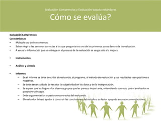 Factores de la evaluación basada en estándaresLas necesidades de los receptoresLos objetivos del programaLos criterios de evaluaciónLos estándares de evaluaciónLos pesos o ponderaciones de síntesisLos rendimientos o actuaciones del personal y de los participantesLos costes del programaInstrumentosInformesEvaluación Comprensiva y Evaluación basada estándares Cómo se evalúa?