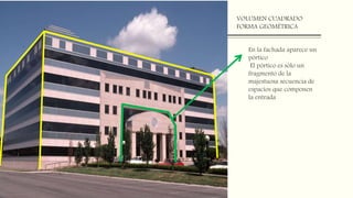 VOLUMEN CUADRADO
FORMA GEOMÉTRICA
En la fachada aparece un
pórtico
El pórtico es sólo un
fragmento de la
majestuosa secuencia de
espacios que componen
la entrada
 