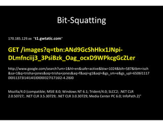 Bit-Squatting
170.185.129.xx "t1.gwtatic.com"
GET /images?q=tbn:ANd9GcShHkx1JNpi-
DLmfnciij3_3PsiBzk_Oag_ocxD9WPkcgGcZLer
http://www.google.com/search?um=1&hl=en&safe=active&biw=1024&bih=587&tbm=isch
&sa=1&q=trisha+jones&oq=trisha+jones&aq=f&aqi=g1&aql=&gs_sm=e&gs_upl=6506l1117
0l0l11373l14l14l1l0l0l0l327l1716l2-4.2l6l0
Mozilla/4.0 (compatible; MSIE 8.0; Windows NT 6.1; Trident/4.0; SLCC2; .NET CLR
2.0.50727; .NET CLR 3.5.30729; .NET CLR 3.0.30729; Media Center PC 6.0; InfoPath.2)"
 