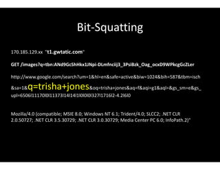 Bit-Squatting
170.185.129.xx "t1.gwtatic.com"
GET /images?q=tbn:ANd9GcShHkx1JNpi-DLmfnciij3_3PsiBzk_Oag_ocxD9WPkcgGcZLer
http://www.google.com/search?um=1&hl=en&safe=active&biw=1024&bih=587&tbm=isch
&sa=1&q=trisha+jones&oq=trisha+jones&aq=f&aqi=g1&aql=&gs_sm=e&gs_
upl=6506l11170l0l11373l14l14l1l0l0l0l327l1716l2-4.2l6l0
Mozilla/4.0 (compatible; MSIE 8.0; Windows NT 6.1; Trident/4.0; SLCC2; .NET CLR
2.0.50727; .NET CLR 3.5.30729; .NET CLR 3.0.30729; Media Center PC 6.0; InfoPath.2)"
 