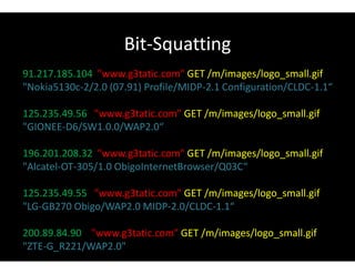 Bit-Squatting
91.217.185.104 "www.g3tatic.com" GET /m/images/logo_small.gif
"Nokia5130c-2/2.0 (07.91) Profile/MIDP-2.1 Configuration/CLDC-1.1“
125.235.49.56 "www.g3tatic.com" GET /m/images/logo_small.gif
"GIONEE-D6/SW1.0.0/WAP2.0“
196.201.208.32 "www.g3tatic.com" GET /m/images/logo_small.gif
"Alcatel-OT-305/1.0 ObigoInternetBrowser/Q03C“
125.235.49.55 "www.g3tatic.com" GET /m/images/logo_small.gif
"LG-GB270 Obigo/WAP2.0 MIDP-2.0/CLDC-1.1“
200.89.84.90 "www.g3tatic.com" GET /m/images/logo_small.gif
"ZTE-G_R221/WAP2.0"
 