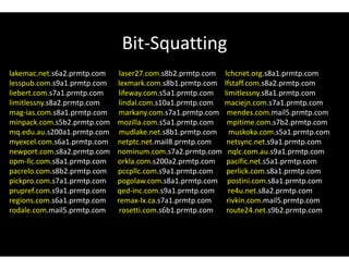 Bit-Squatting
lakemac.net.s6a2.prmtp.com laser27.com.s8b2.prmtp.com lchcnet.org.s8a1.prmtp.com
lesspub.com.s9a1.prmtp.com lexmark.com.s8b1.prmtp.com lfstaff.com.s8a2.prmtp.com
liebert.com.s7a1.prmtp.com lifeway.com.s5a1.prmtp.com limitlessny.s8a1.prmtp.com
limitlessny.s8a2.prmtp.com lindal.com.s10a1.prmtp.com maciejn.com.s7a1.prmtp.com
mag-ias.com.s8a1.prmtp.com markany.com.s7a1.prmtp.com mendes.com.mail5.prmtp.com
minpack.com.s5b2.prmtp.com mozilla.com.s5a1.prmtp.com mpitime.com.s7b2.prmtp.com
mq.edu.au.s200a1.prmtp.com mudlake.net.s8b1.prmtp.com muskoka.com.s5a1.prmtp.com
myexcel.com.s6a1.prmtp.com netptc.net.mail8.prmtp.com netsync.net.s9a1.prmtp.com
newport.com.s8a2.prmtp.com nominum.com.s7a2.prmtp.com nqlc.com.au.s9a1.prmtp.com
opm-llc.com.s8a1.prmtp.com orkla.com.s200a2.prmtp.com pacific.net.s5a1.prmtp.com
pacrelo.com.s8b2.prmtp.com pccpllc.com.s9a1.prmtp.com perlick.com.s8a1.prmtp.com
pickpro.com.s7a1.prmtp.com pogolaw.com.s8a1.prmtp.com postini.com.s8a1.prmtp.com
prupref.com.s9a1.prmtp.com qed-inc.com.s9a1.prmtp.com re4u.net.s8a2.prmtp.com
regions.com.s6a1.prmtp.com remax-lx.ca.s7a1.prmtp.com rivkin.com.mail5.prmtp.com
rodale.com.mail5.prmtp.com rosetti.com.s6b1.prmtp.com route24.net.s9b2.prmtp.com
 