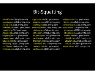 Bit-Squatting
rubloff.com.s9b1.prmtp.com sage.com.au.s7b1.prmtp.com sbolive.com.s5a1.prmtp.com
seabox.com.s10b2.prmtp.com shawinc.com.s6b1.prmtp.com sig-ins.com.s7a2.prmtp.com
silanis.com.s5a1.prmtp.com seattle.gov.s8b1.prmtp.com smlperu.com.s6b2.prmtp.com
smkdlaw.com.s6b1.prmtp.com smythnora.com.s8a2.prmtp.com solusii.com.s7a1.prmtp.com
sscotti.org.s7b2.prmtp.com state.pa.us.s7a1.prmtp.com stena.com.s200b2.prmtp.com
stevens.edu.s9a2.prmtp.com stibo.com.s200a1.prmtp.com stroock.com.s6a2.prmtp.com
stryker.com.s8a1.prmtp.com studeo.com.s10a1.prmtp.com surfari.net.s8b1.prmtp.com
swassoc.com.s8a2.prmtp.com swisher.com.s8b2.prmtp.com talent2.com.s9a1.prmtp.com
tctwest.net.s5a1.prmtp.com thomson.net.s7a2.prmtp.com udayton.edu.s9b2.prmtp.com
undss.org.s201b2.prmtp.com unomaha.edu.s5a2.prmtp.com uwc.ac.za.s200a1.prmtp.com
vss.fsi.com.s5a1.prmtp.com wctatel.net.s6a1.prmtp.com weshred.net.s8b1.prmtp.com
yaskawa.com.s5a1.prmtp.com zachry.com.s10b1.prmtp.com
 