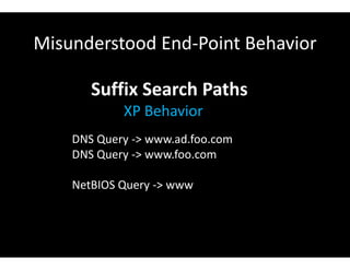 Misunderstood End-Point Behavior
Suffix Search Paths
XP Behavior
DNS Query -> www.ad.foo.com
DNS Query -> www.foo.com
NetBIOS Query -> www
 