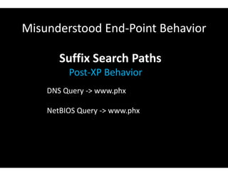 Misunderstood End-Point Behavior
Suffix Search Paths
Post-XP Behavior
DNS Query -> www.phx
NetBIOS Query -> www.phx
 