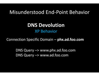 Misunderstood End-Point Behavior
DNS Devolution
XP Behavior
Connection Specific Domain – phx.ad.foo.com
DNS Query –> www.phx.ad.foo.com
DNS Query –> www.ad.foo.com
 