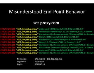 Misunderstood End-Point Behavior
set-proxy.com
170.252.248.200 "GET /bin/setup.proxy" "mstreamd/1 CFNetwork/548.1.4 Darwin/11.0.0"
170.252.248.200 "GET /bin/setup.proxy" "WordsWithFriendsPaid/4.12.1 CFNetwork/548.1.4 Darwin
170.252.248.200 "GET /bin/setup.proxy" "itunesstored (unknown version) CFNetwork/548.1.4 Darwin
170.252.248.200 "GET /bin/setup.proxy" "Mail/53 CFNetwork/548.1.4 Darwin/11.0.0"
170.252.248.200 "GET /bin/setup.proxy" "GeoServices/84 CFNetwork/548.1.4 Darwin/11.0.0"
170.252.248.200 "GET /bin/setup.proxy" "Maps/1.0 CFNetwork/548.1.4 Darwin/11.0.0"
170.252.248.200 "GET /bin/setup.proxy" "itunesstored (unknown version) CFNetwork/548.1.4 Darwin
170.252.248.200 "GET /bin/setup.proxy" "dataaccessd (unknown version) CFNetwork/548.1.4 Darwin
170.252.248.200 "GET /bin/setup.proxy" "mstreamd/1 CFNetwork/548.1.4 Darwin/11.0.0"
170.252.248.200 "GET /bin/setup.proxy" "itunesstored (unknown version) CFNetwork/548.1.4 Darwin
NetRange: 170.251.0.0 - 170.252.255.255
OrgName: Accenture
OrgId: ACCENT-10
 
