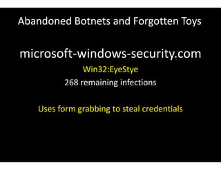 Abandoned Botnets and Forgotten Toys
microsoft-windows-security.com
Win32:EyeStye
268 remaining infections
Uses form grabbing to steal credentials
 
