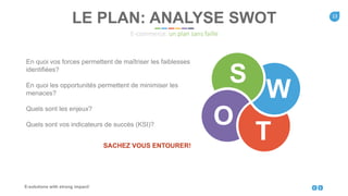 13
E-solutions with strong impact!
S
W
T
O
LE PLAN: ANALYSE SWOT
E-commerce: un plan sans faille
En quoi vos forces permettent de maîtriser les faiblesses
identifiées?
En quoi les opportunités permettent de minimiser les
menaces?
Quels sont les enjeux?
Quels sont vos indicateurs de succès (KSI)?
SACHEZ VOUS ENTOURER!
 