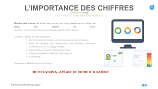 20
E-solutions with strong impact!
Gardez des traces de toutes les actions de votre plateforme et mettez en
place des actions de suivi.
Au début, ce sont les tendances qui comptent, pas les chiffres absolus.
Améliorer l’impact de votre plateforme:
• Outils d’analyse de Google: suivi de la conversion des utilisateurs
• Outils de visualtion des comportments des utilisateurs (heatmap,
scrollmap, etc.) Ex.: Crazyegg, Clicktale
• Rapport dans le module administrateur (BO)
• Statiques newsletters: Mandrill, Mailchimp, etc.
• A / B testing
Demandez le feedback de vos utilisateurs.
L’IMPORTANCE DES CHIFFRES
E-commerce: bien sous tous rapports
METTEZ-VOUS A LA PLACE DE VOTRE UTILISATEUR!
©Crazyegg ©Crazyegg
 