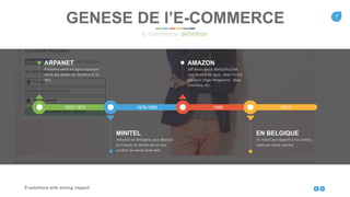 7
E-solutions with strong impact!
ARPANET
Première vente en ligne organisée
entre des élèves de Stanford et du
MIT.
1972-1973 1978-1982 1995 2015
AMAZON
Jeff Bezos lance AMAZON.COM,
une librairie en ligne. Mais il n’est
pas seul: Virgin Megastore, eBay,
Interflora, etc.
MINITEL
Introduit en Bretagne, puis déployé
en France, le minitel est un des
ancêtre du world wide web.
EN BELGIQUE
En retard par rapport à nos voisins,
repenser notre marché.
GENESE DE l’E-COMMERCE
E-commerce: définition
 