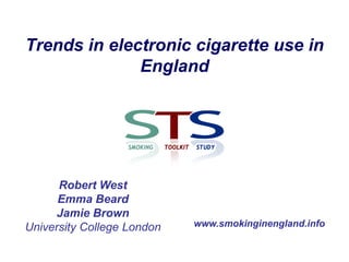 Trends in electronic cigarette use in
England

Robert West
Emma Beard
Jamie Brown
University College London

www.smokinginengland.info

 