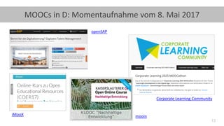 13
MOOCs in D: Momentaufnahme vom 8. Mai 2017
openSAP
Corporate Learning Community
mooiniMooX
 