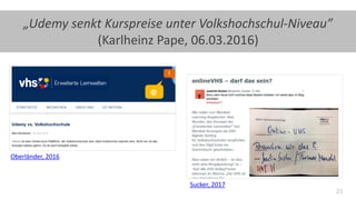 23
„Udemy senkt Kurspreise unter Volkshochschul-Niveau”
(Karlheinz Pape, 06.03.2016)
Oberländer, 2016
Sucker, 2017
 