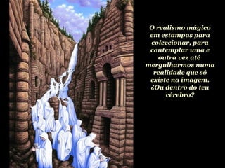 O realismo mágico
em estampas para
coleccionar, para
contemplar uma e
outra vez até
mergulharmos numa
realidade que só
existe na imagem.
¿Ou dentro do teu
cérebro?
