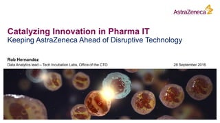 Catalyzing Innovation in Pharma IT
Keeping AstraZeneca Ahead of Disruptive Technology
Rob Hernandez
Data Analytics lead – Tech Incubation Labs, Office of the CTO 28 September 2016
 