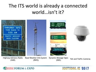 The ITS world is already a connected
world…isn’t it?
Highway Advisory Radio
(HAR)
Road Weather Info System
(RWIS)
Dynamic ...