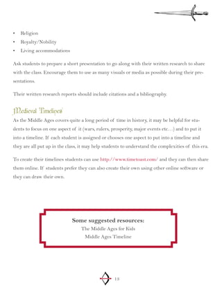 13
Religion•	
Royalty/Nobility•	
Living accommodations•	
Ask students to prepare a short presentation to go along with their written research to share
with the class. Encourage them to use as many visuals or media as possible during their pre-
sentations.
Their written research reports should include citations and a bibliography.
Medieval Timelines
As the Middle Ages covers quite a long period of time in history, it may be helpful for stu-
dents to focus on one aspect of it (wars, rulers, prosperity, major events etc…) and to put it
into a timeline. If each student is assigned or chooses one aspect to put into a timeline and
they are all put up in the class, it may help students to understand the complexities of this era.
To create their timelines students can use http://www.timetoast.com/ and they can then share
them online. If students prefer they can also create their own using other online software or
they can draw their own.
Some suggested resources:
The Middle Ages for Kids
Middle Ages Timeline
 