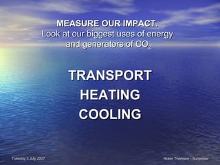MEASURE OUR IMPACT.   Look at our biggest uses of energy  and generators of CO 2 TRANSPORT HEATING COOLING 
