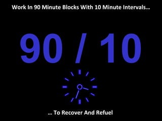 Work In 90 Minute Blocks With 10 Minute Intervals…




  90 / 10
             … To Recover And Refuel
 