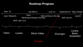 Start working on the AppPivot
MVP –test 1,2,3
Lean -Research
Soft -Launch
Launch
Mentoring at Draper University
Sept. 13 - - Jan-Mar14 - - June 14 - - September14- - Beg. October
Tallinn London Silicon Valley Groningen
London,
Berlin,
Amsterdam
Roadmap /Progress
I’m here
 