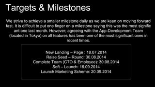 Targets & Milestones
We strive to achieve a smaller milestone daily as we are keen on moving forward
fast. It is difficult to put one finger on a milestone saying this was the most signific
ant one last month. However; agreeing with the App-Development Team
(located in Tokyo) on all features has been one of the most significant ones in
recent times.
New Landing – Page : 18.07.2014
Raise Seed – Round: 30.08.2014
Complete Team (CTO & Employee): 30.08.2014
Soft – Launch: 16.09.2014
Launch Marketing Scheme: 20.09.2014
 