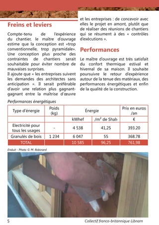 Collectif franco-britannique Libnam5
Performances
Le maître d’ouvrage est très satisfait
du confort thermique estival et
hivernal de sa maison. Il souhaite
poursuivre le retour d’expérience
autour de la tenue des matériaux, des
performances énergétiques et enfin
de la qualité de la construction.
et les entreprises : de concevoir avec
elles le projet en amont, plutôt que
de réaliser des réunions de chantiers
qui se résument à des «  contrôles
d’exécutions ».
Type d’énergie
Poids
(kg)
Énergie
Prix en euros
/an
kWhef /m² de Shab €
Electricité pour
tous les usages
- 4 538 41,25 393.20
Granulés de bois 1 234 6 047 55 368.78
TOTAL 10 585 96,25 761,98
Enduit - Photo © M. Robinard
Freins et leviers
Compte-tenu de l’expérience
du chantier, le maître d’ouvrage
estime que la conception est «trop
conventionnelle, trop pyramidale».
Une conception plus proche des
contraintes de chantiers serait
souhaitable pour éviter nombre de
mauvaises surprises.
Il ajoute que « les entreprises suivent
les demandes des architectes sans
anticipation ». Il serait préférable
d’avoir une relation plus gagnant-
gagnant entre la maîtrise d’œuvre
Performances énergétiques
 
