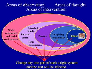 Areas of observation. Areas of thought.
Areas of intervention.
Change any one part of such a tight system
and the rest will be affected.
Wider
community
and social
environment.
Extended
family.
Parents.
Caregiving
relationship.
Infant.
Parental
pasts.
Home
environment.
 