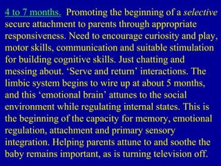 4 to 7 months. Promoting the beginning of a selective
secure attachment to parents through appropriate
responsiveness. Need to encourage curiosity and play,
motor skills, communication and suitable stimulation
for building cognitive skills. Just chatting and
messing about. ‘Serve and return’ interactions. The
limbic system begins to wire up at about 5 months,
and this ‘emotional brain’ attunes to the social
environment while regulating internal states. This is
the beginning of the capacity for memory, emotional
regulation, attachment and primary sensory
integration. Helping parents attune to and soothe the
baby remains important, as is turning television off.
 