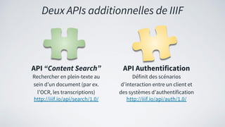 Définit des scénarios
d’interaction entre un client et
des systèmes d’authentification
Rechercher en plein-texte au
sein d’un document (par ex.
l’OCR, les transcriptions)
API AuthentificationAPI “Content Search”
Deux APIs additionnelles de IIIF
http://iiif.io/api/search/1.0/ http://iiif.io/api/auth/1.0/
 