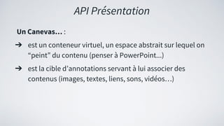 API Présentation
Un Canevas… :
➔ est un conteneur virtuel, un espace abstrait sur lequel on
“peint” du contenu (penser à PowerPoint...)
➔ est la cible d’annotations servant à lui associer des
contenus (images, textes, liens, sons, vidéos…)
 