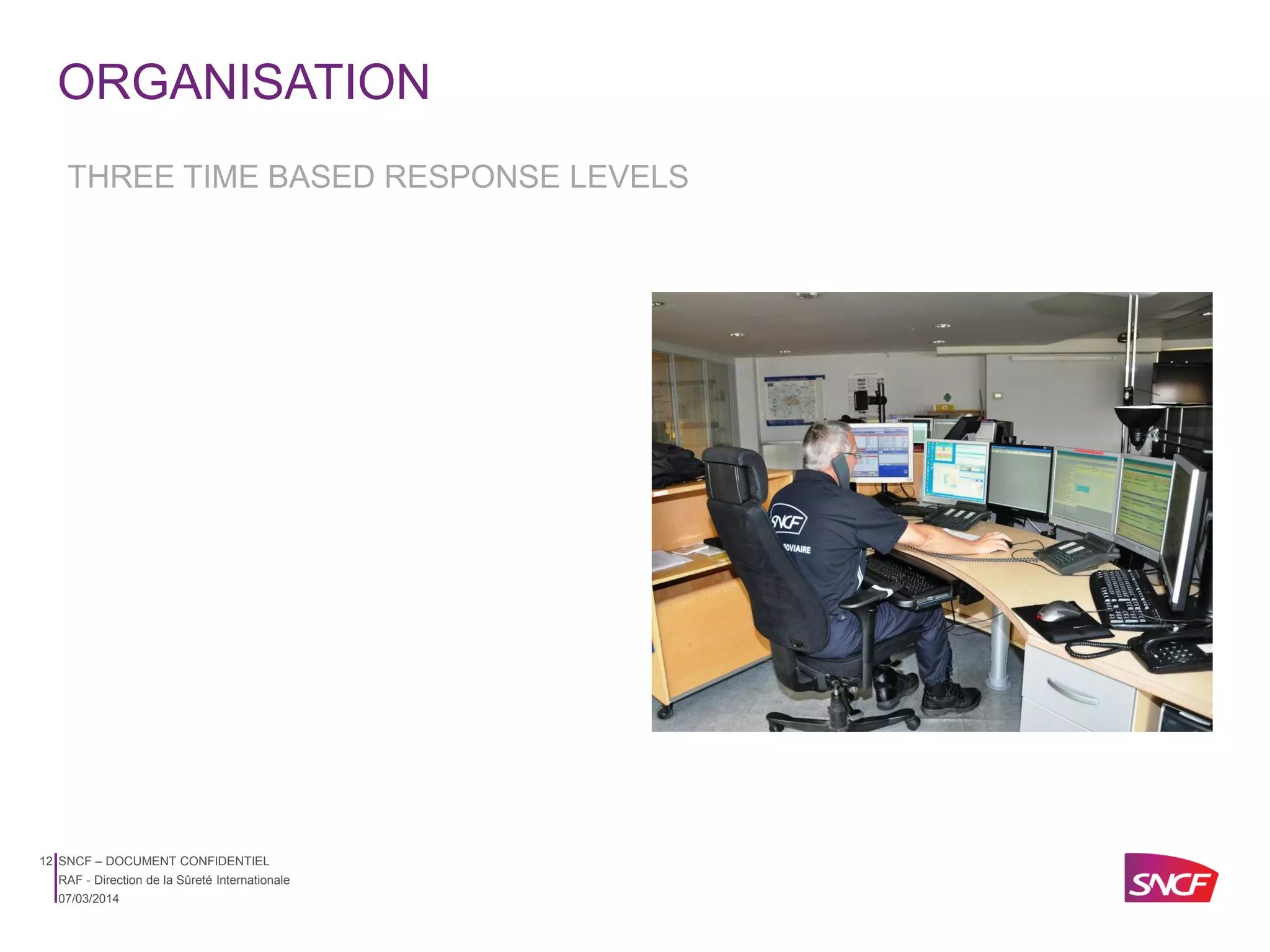 ORGANISATION
THREE TIME BASED RESPONSE LEVELS

12 SNCF – DOCUMENT CONFIDENTIEL
RAF - Direction de la Sûreté Internationale
07/03/2014

 