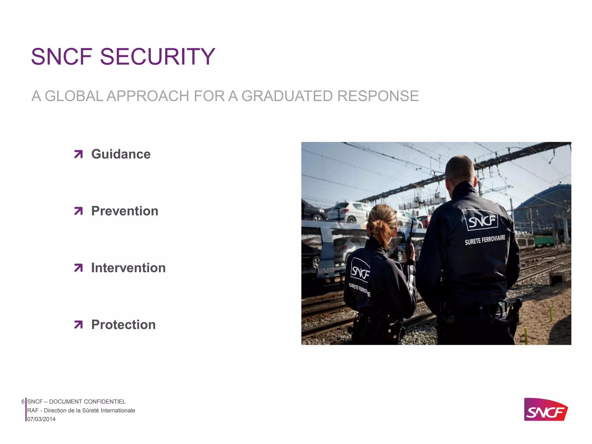 SNCF SECURITY
A GLOBAL APPROACH FOR A GRADUATED RESPONSE

Guidance

Prevention

Intervention

Protection

6 SNCF – DOCUMENT CONFIDENTIEL
RAF - Direction de la Sûreté Internationale
07/03/2014

 