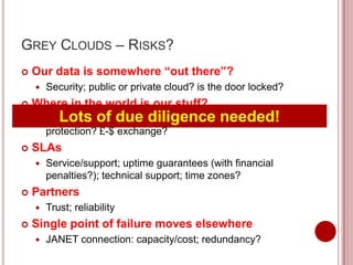 GREY CLOUDS – RISKS?
   Our data is somewhere “out there”?
       Security; public or private cloud? is the door locked?
   Where in the world is our stuff?
          Lots of due diligence needed!
        Legal jurisdictions? regulatory compliance; data
        protection? £-$ exchange?
   SLAs
       Service/support; uptime guarantees (with financial
        penalties?); technical support; time zones?
   Partners
       Trust; reliability
   Single point of failure moves elsewhere
       JANET connection: capacity/cost; redundancy?
 